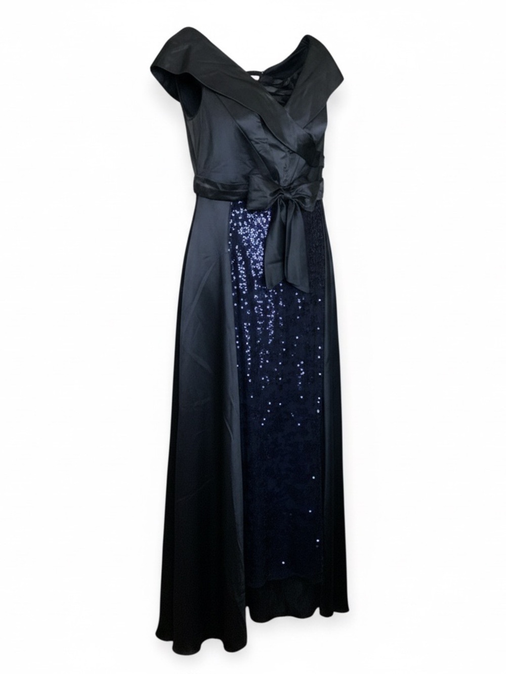 Midnight Blue Satin and Sequin Evening Gown with Bow